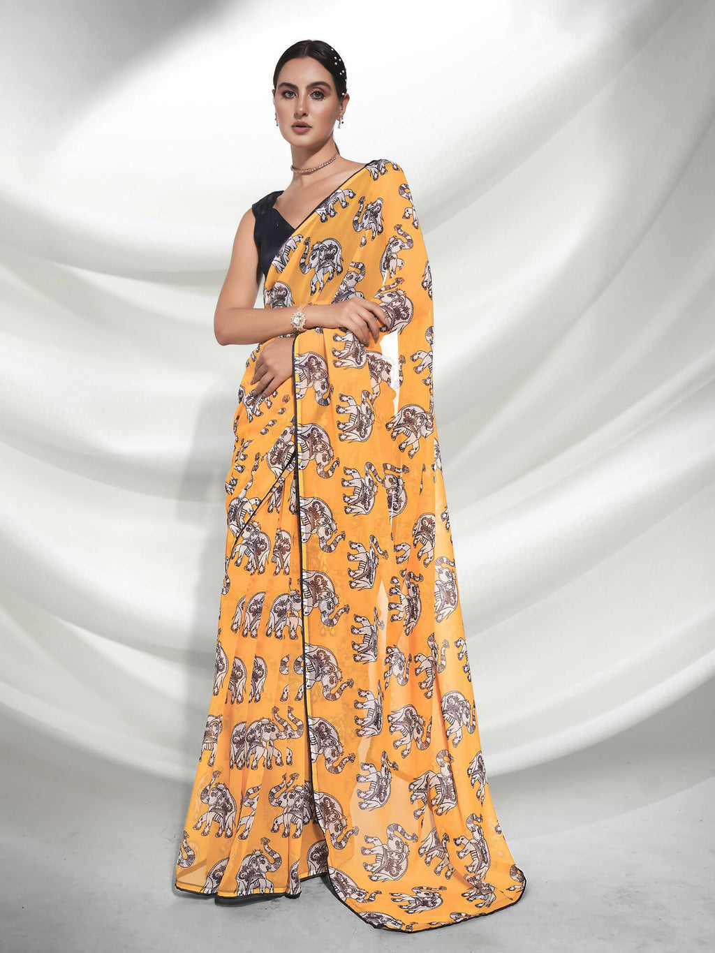 Yellow Georgette Animal Printed Saree With Unstitched Blouse Piece - Rajal