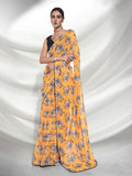 Yellow Georgette Animal Printed Saree With Unstitched Blouse Piece - Rajal