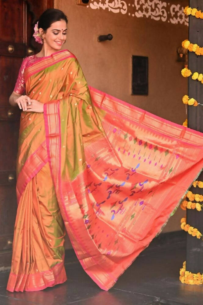 Very Much Indian Handloom Yeola Pure Silk Paithani - Dual Tone Green Pink