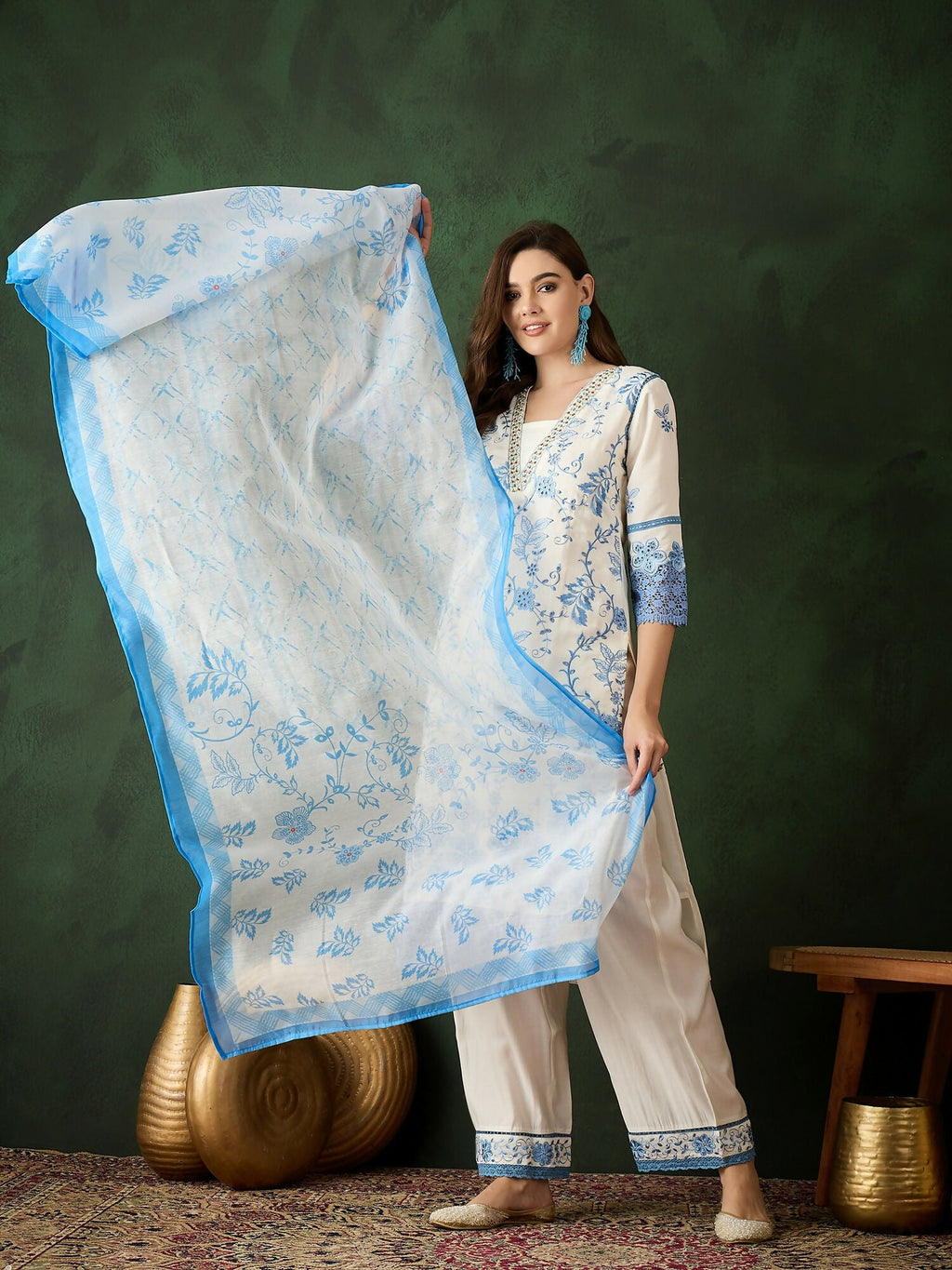 Blue & White Roman Silk Embroidered Kurta With Trouser & Dupatta - Bhumi