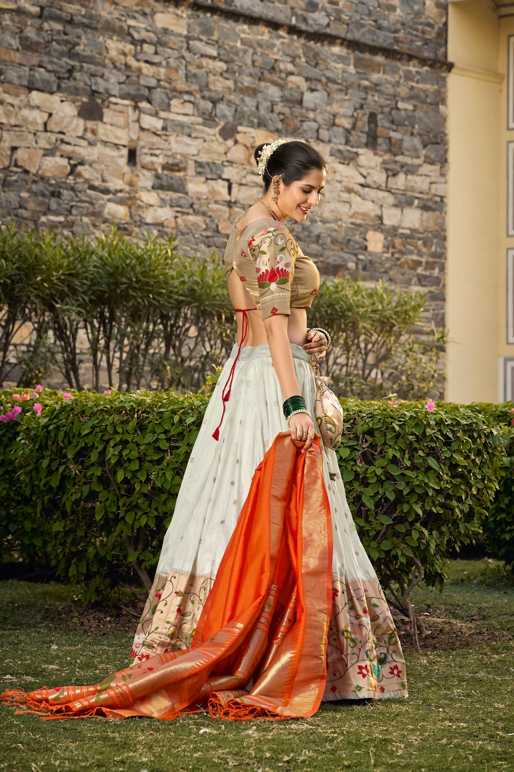 Vastranavya Traditional Jacquard Silk Paithani Lehenga Choli - White