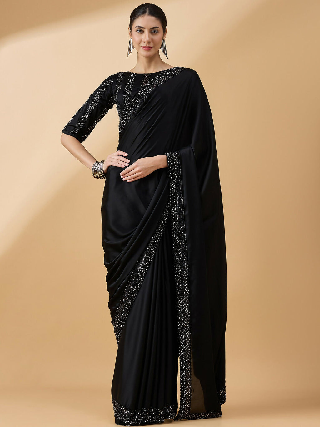 Black Satin Solid Sequence Work Saree with Stitched Blouse - Dharavi