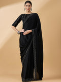Black Satin Solid Sequence Work Saree with Stitched Blouse - Dharavi