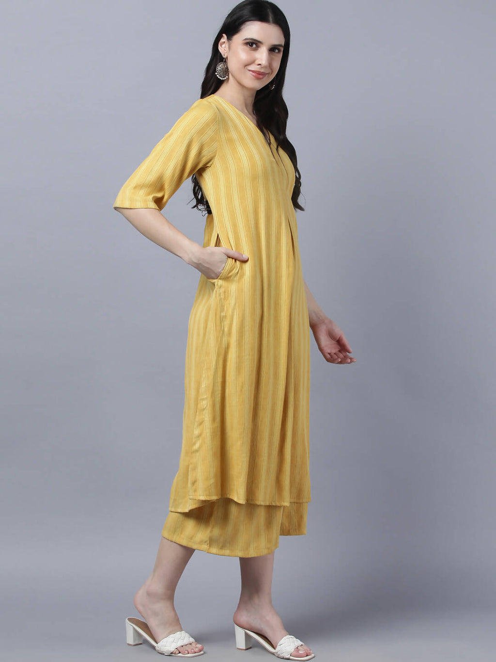 Myshka Stylish Yellow Cotton 3/4 Sleeve Women's Kurta Palazzo Set
