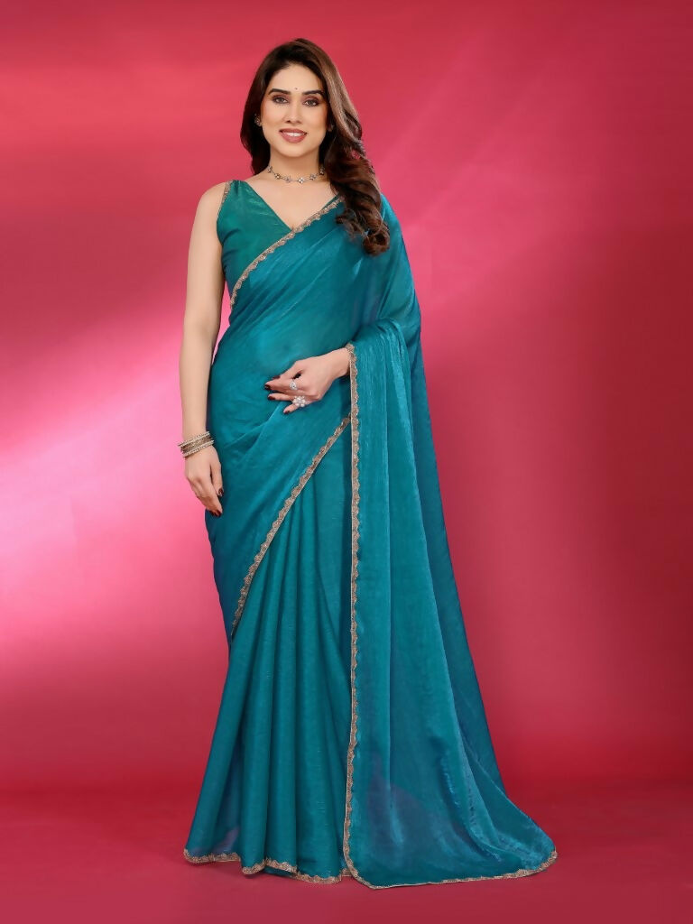 PR Fashion Firozi Jimmy Choo Fabric Palin With Work Lace Saree