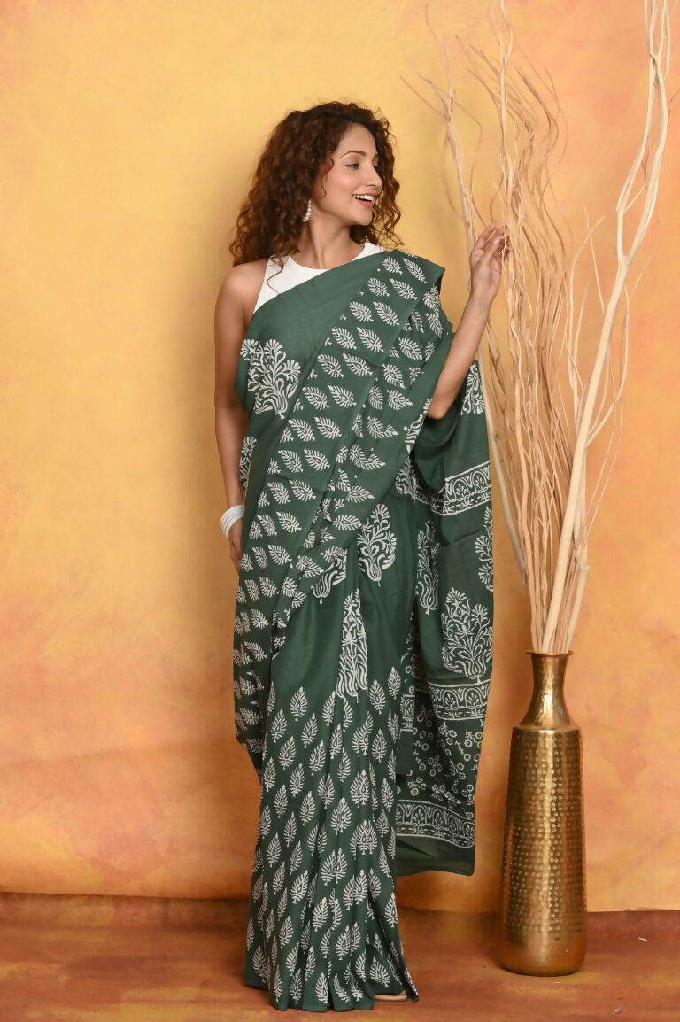 Very Much Indian Handblock Printed Cotton Saree With Natural Dyes - Green