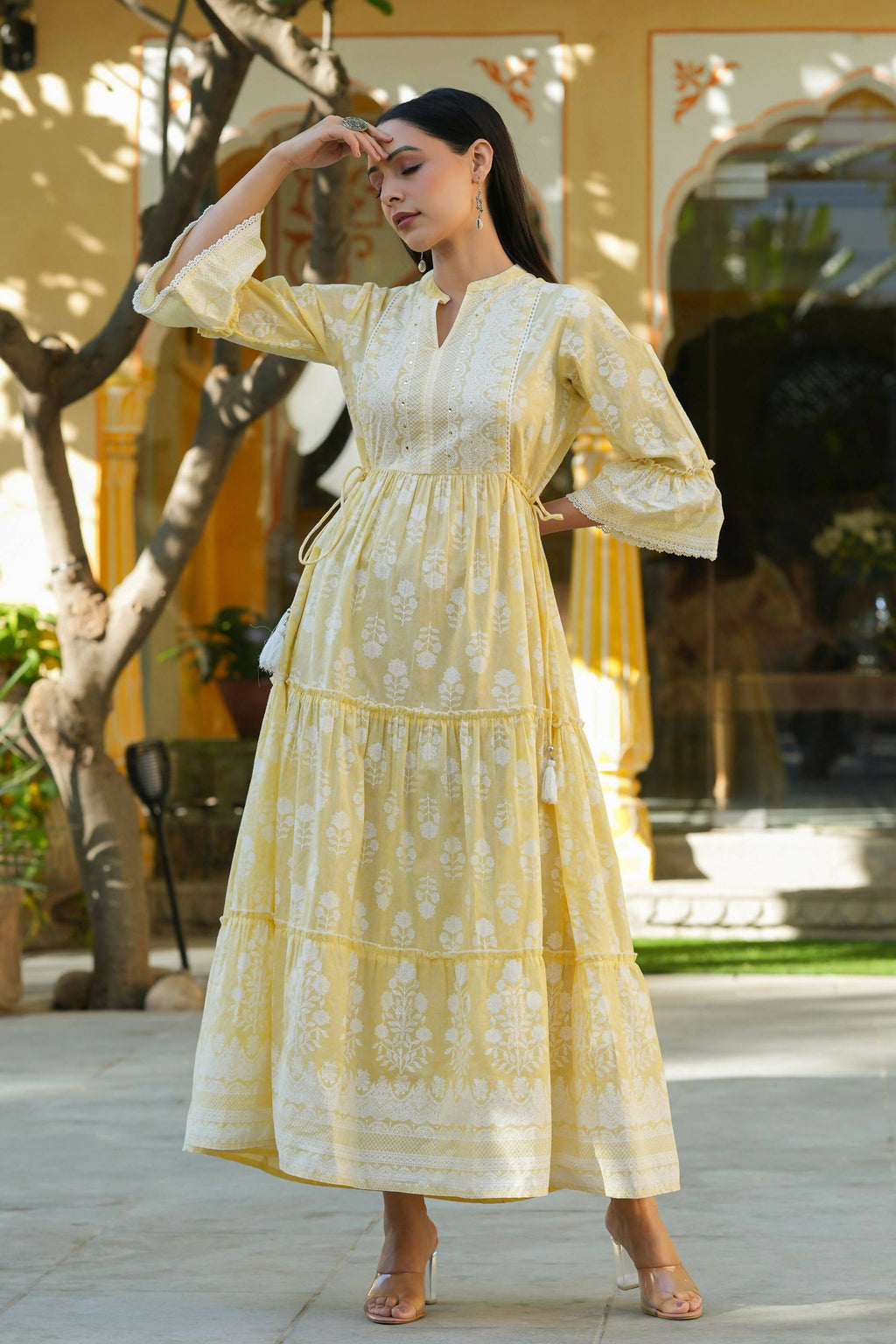 Juniper Women's Lemon Yellow Printed Teired Dress