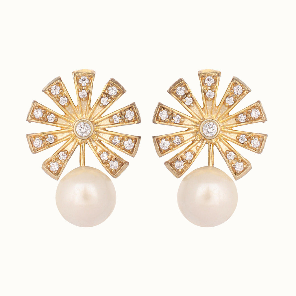 Nuyug 22K Gold-Plated Pearl Drop Zircon Floral Shaped Mini Stud Earrings