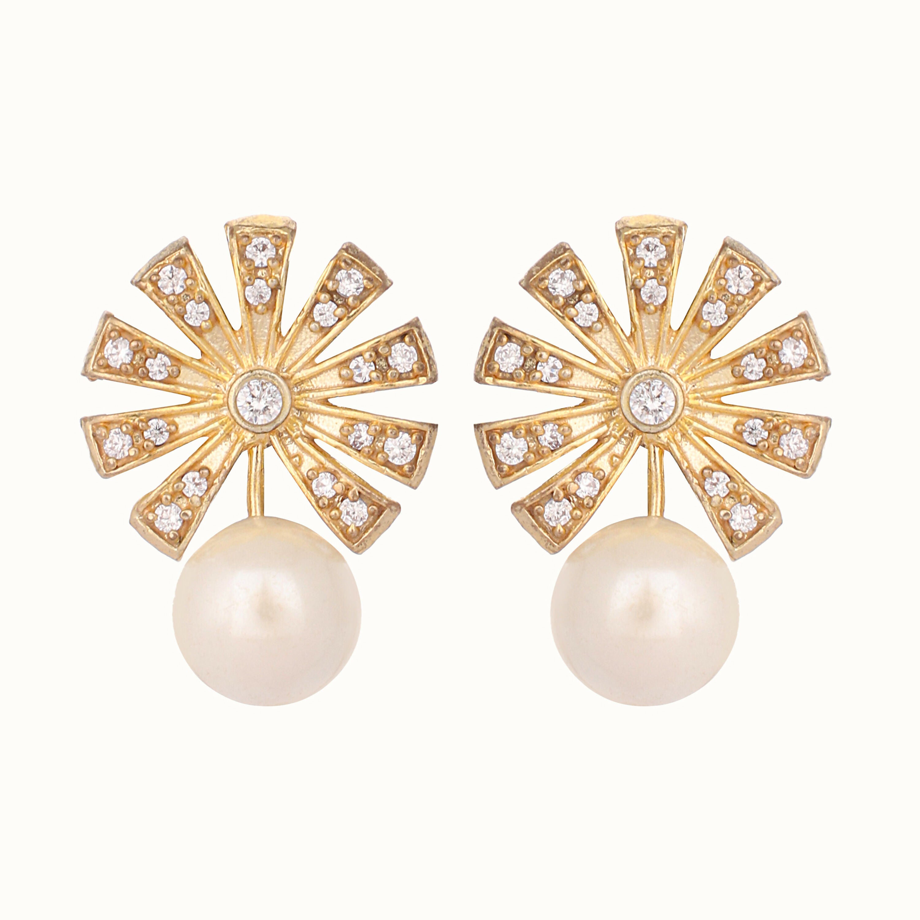 Nuyug 22K Gold-Plated Pearl Drop Zircon Floral Shaped Mini Stud Earrings