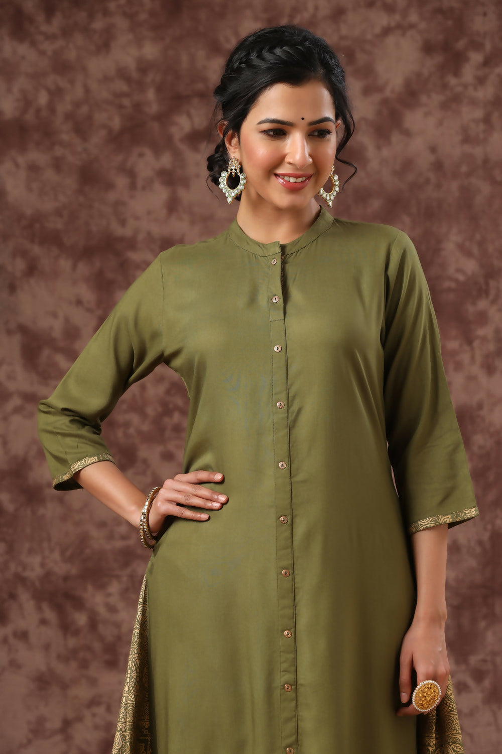 Juniper Olive Ethnic Motif Printed Rayon A-Line Women Kurta