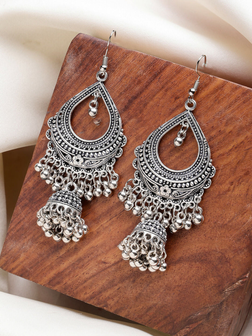 NVR Women's Silver-Plated German Silver Oxidized Jhumka Earrings
