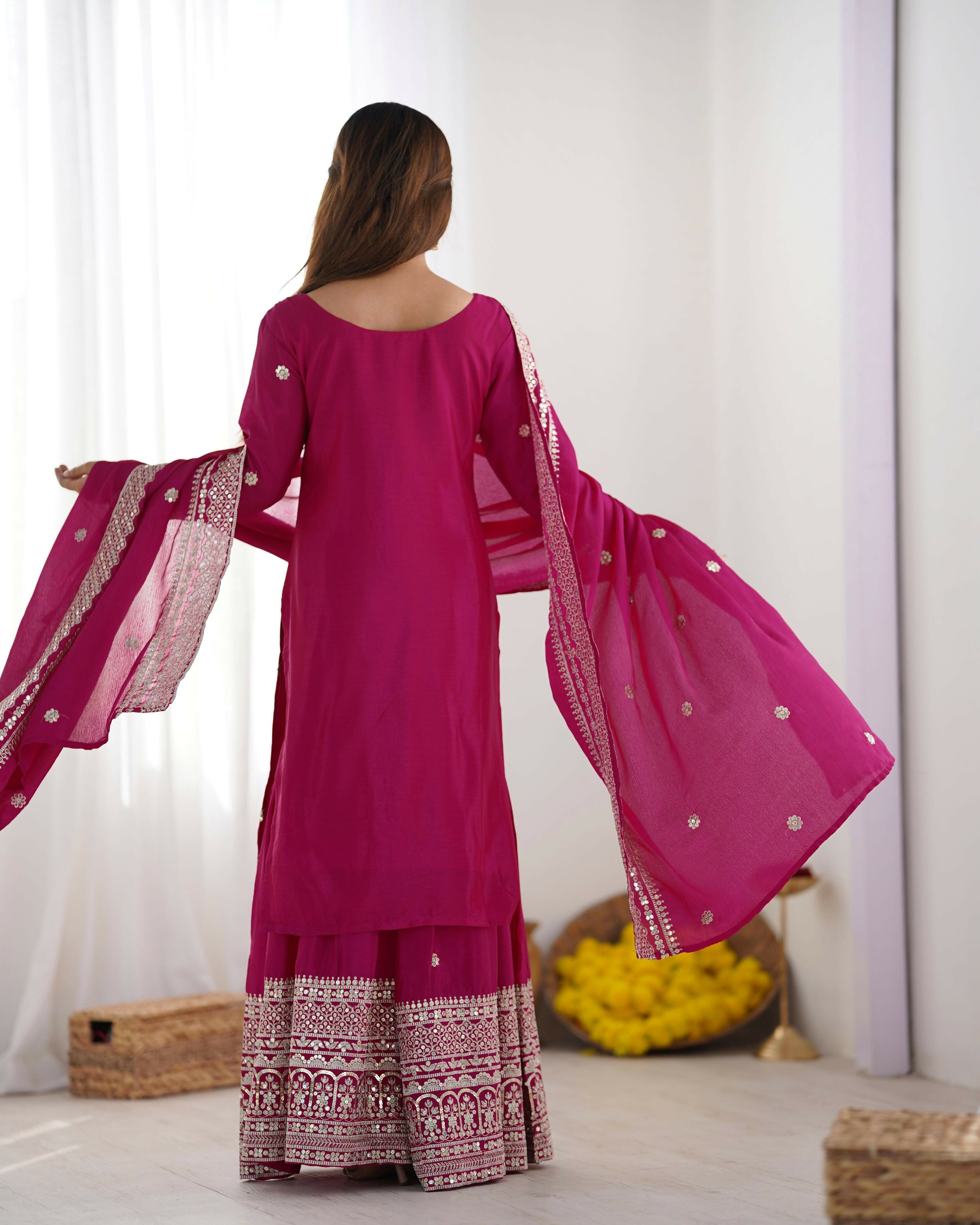 Teeya Creation Pink Color Chinon Silk Heavy Embroidery Work Fully Stitched Salwar Suit