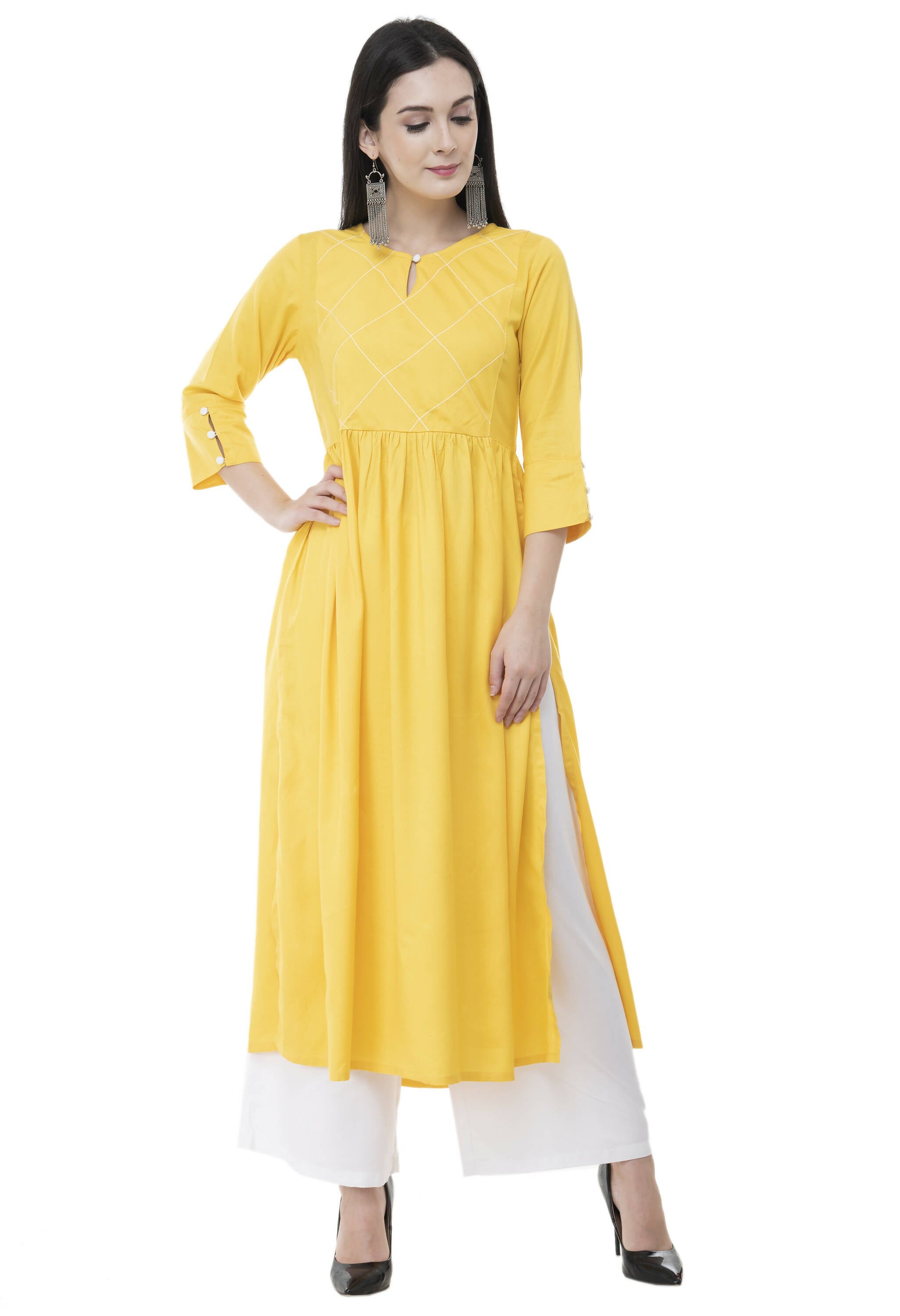 Women's Yellow Thread Work Emb Kurti With Side Slits - G & A Apparels