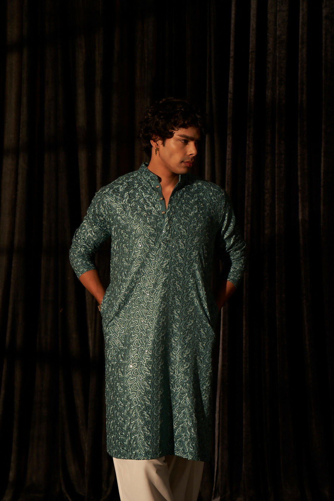 Cyan Blue Viscose Chikankari Embroidery Work Men's Kurta Set - Mahotsav