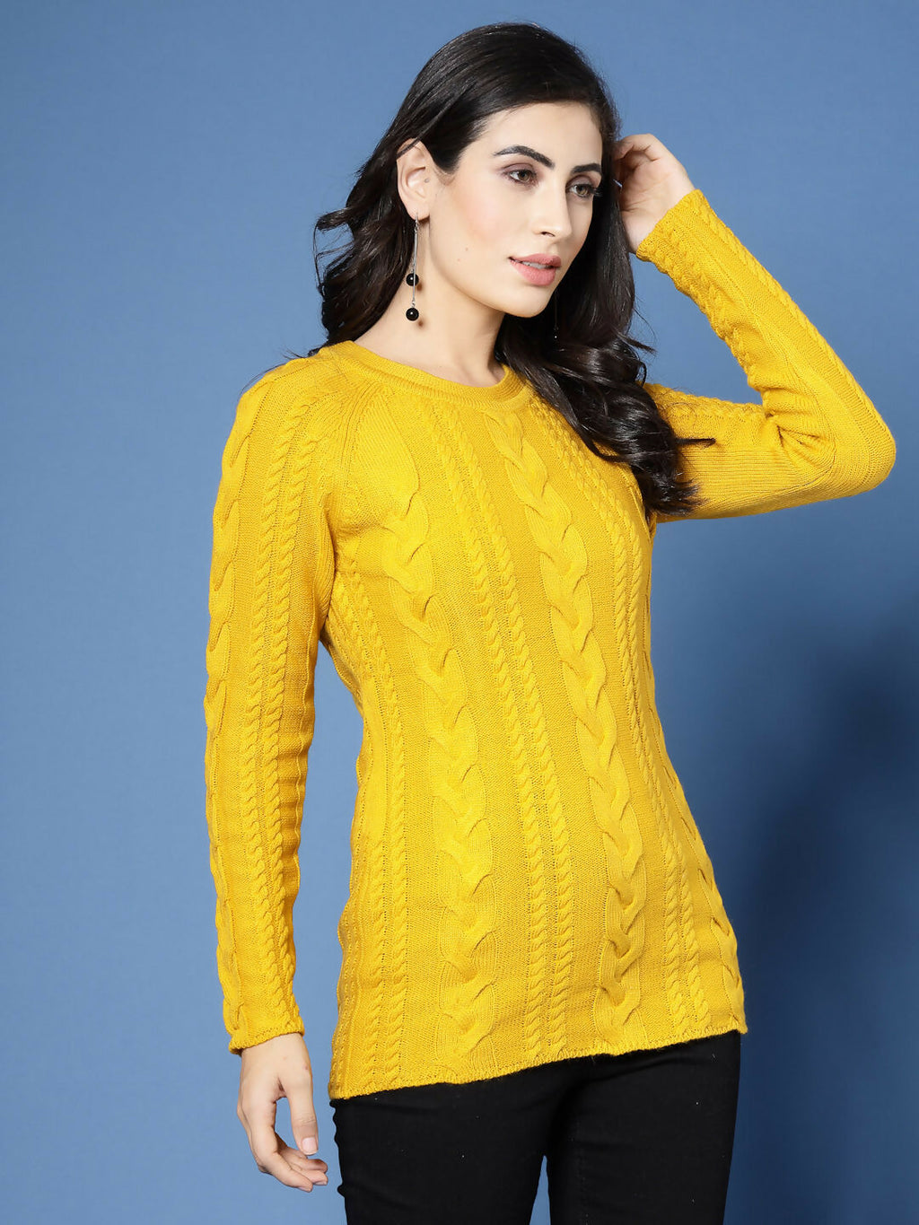 Women Mustard Acrylic Self Design Winter Dress - Wool Trees