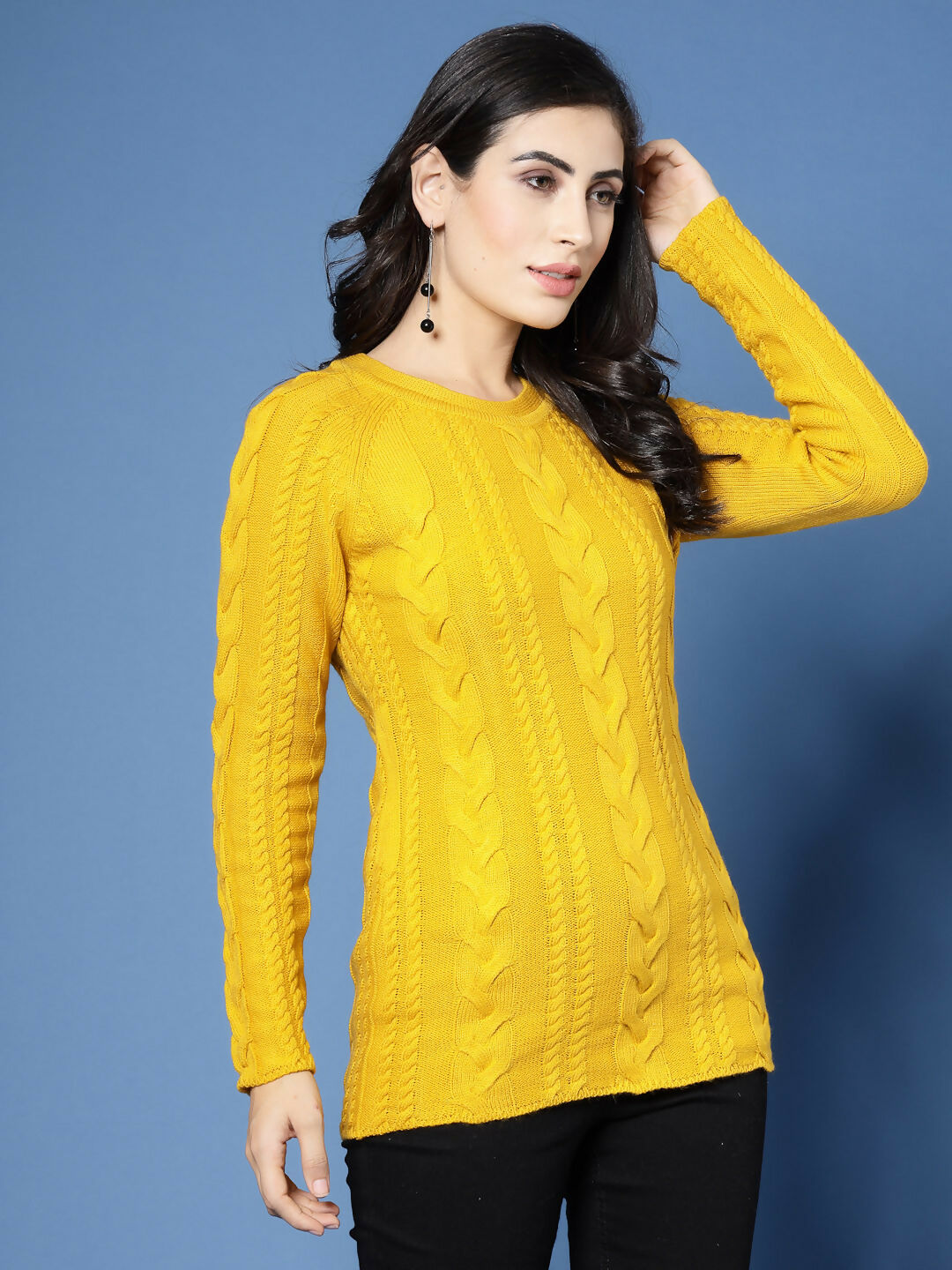 Women Mustard Acrylic Self Design Winter Dress - Wool Trees