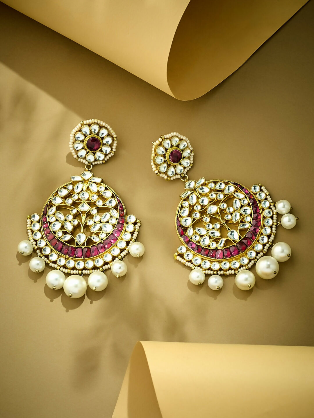 Nuyug 22K Gold-Plated Elegant Ruby & Kundan Stone Studded With Pearl Beaded Floral Chandbalis