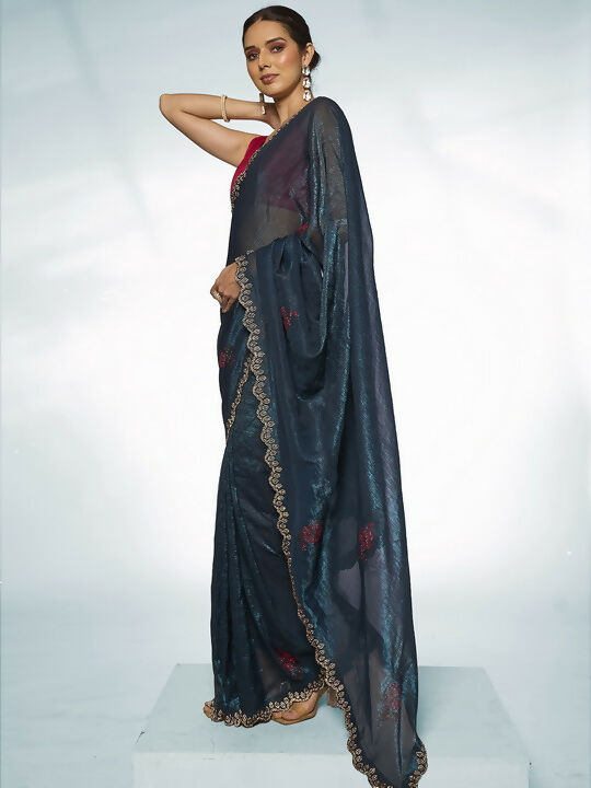 Teal Blue Slub Organza Swarovski Designer Saree - Shezlin