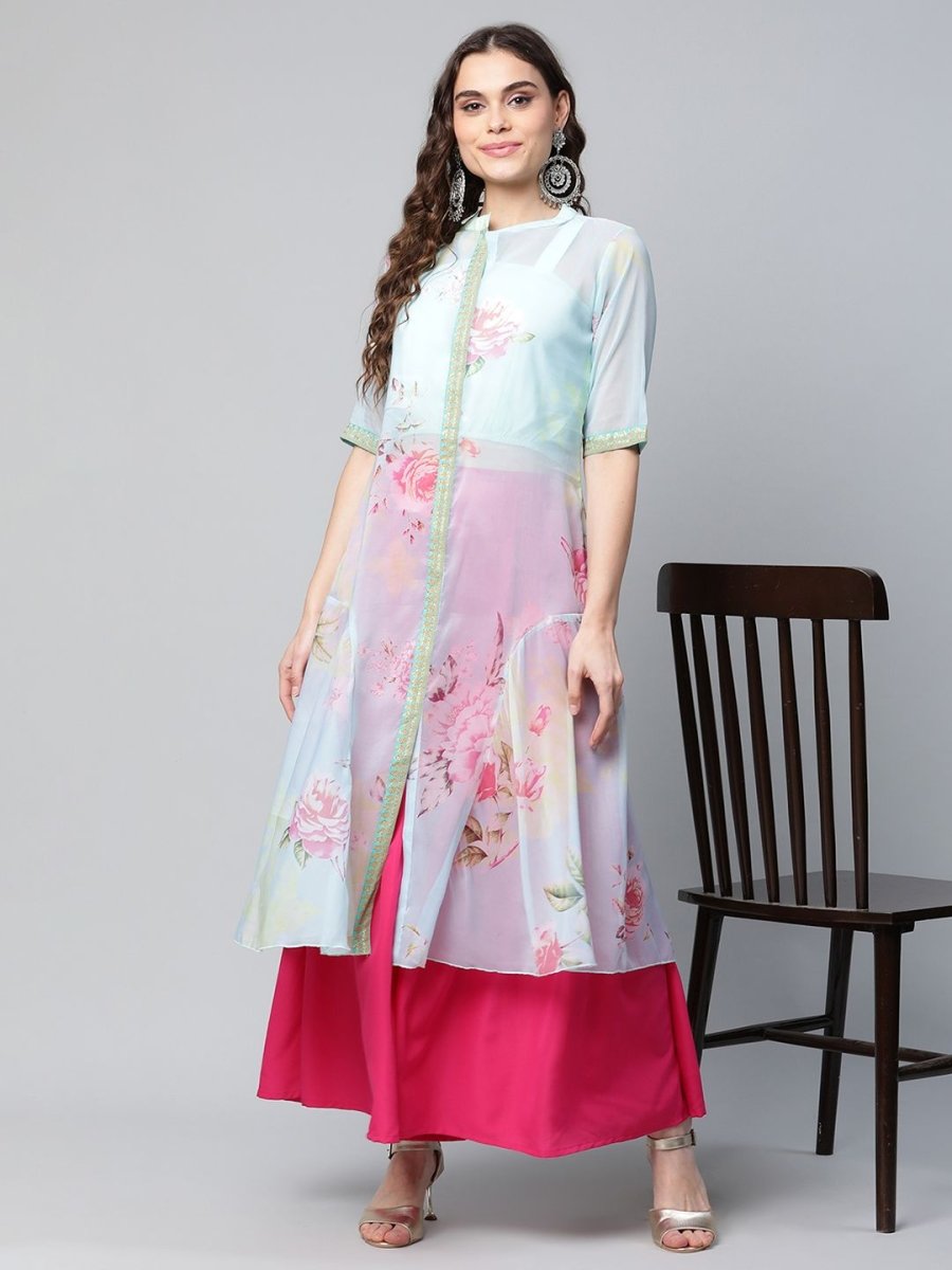 Ahalyaa Women Sea Green Floral Printed Top With Kurta