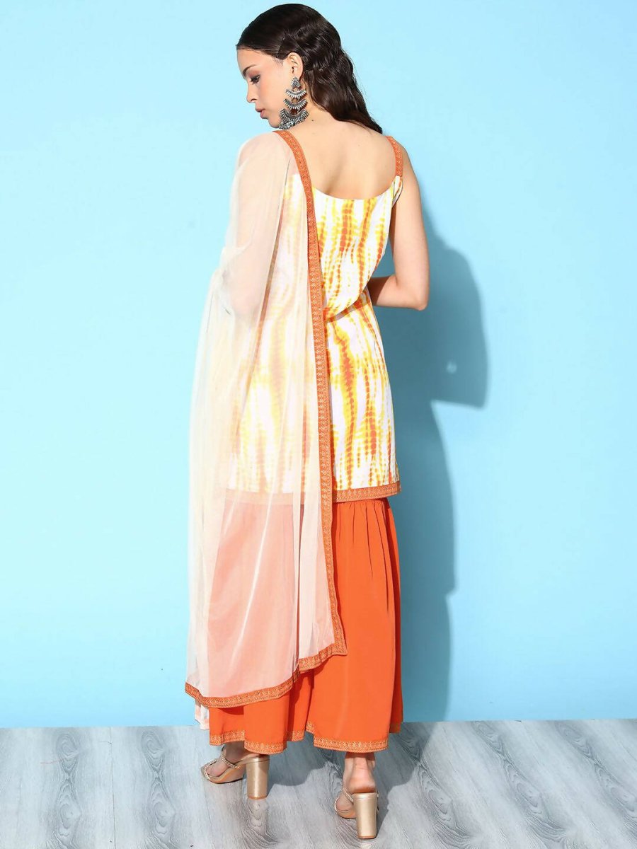 Ahalyaa Women's Orange Crepe Printed Kurta Sharara Set With Dupatta