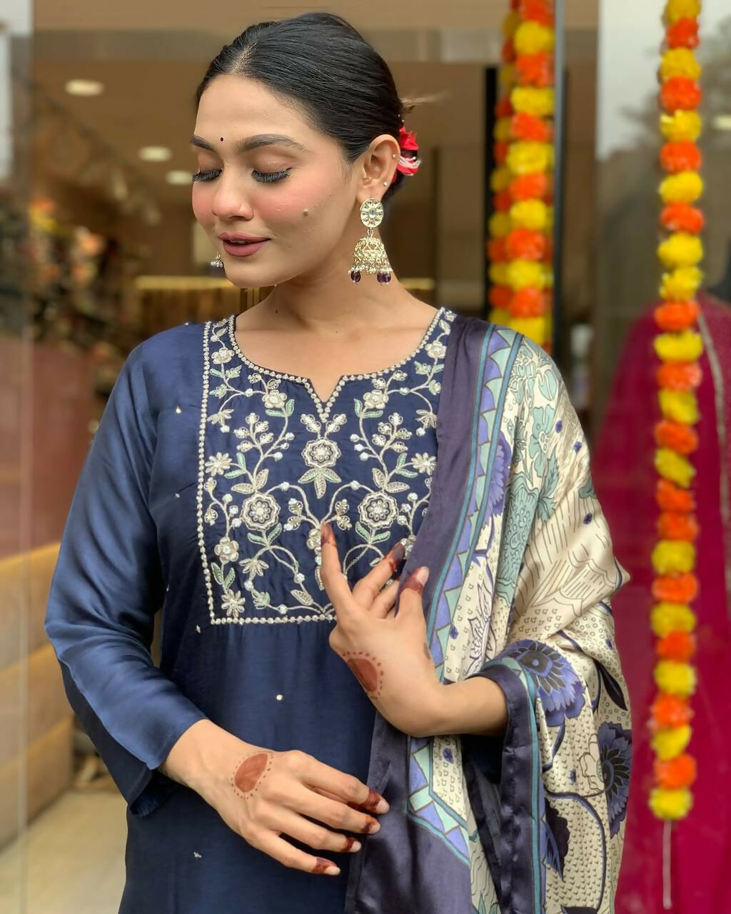 The52 Navy Blue Women's Beautiful Viscose Chanderi Fabric Embroidered Work Straight Kurta Pant and Dupatta Set