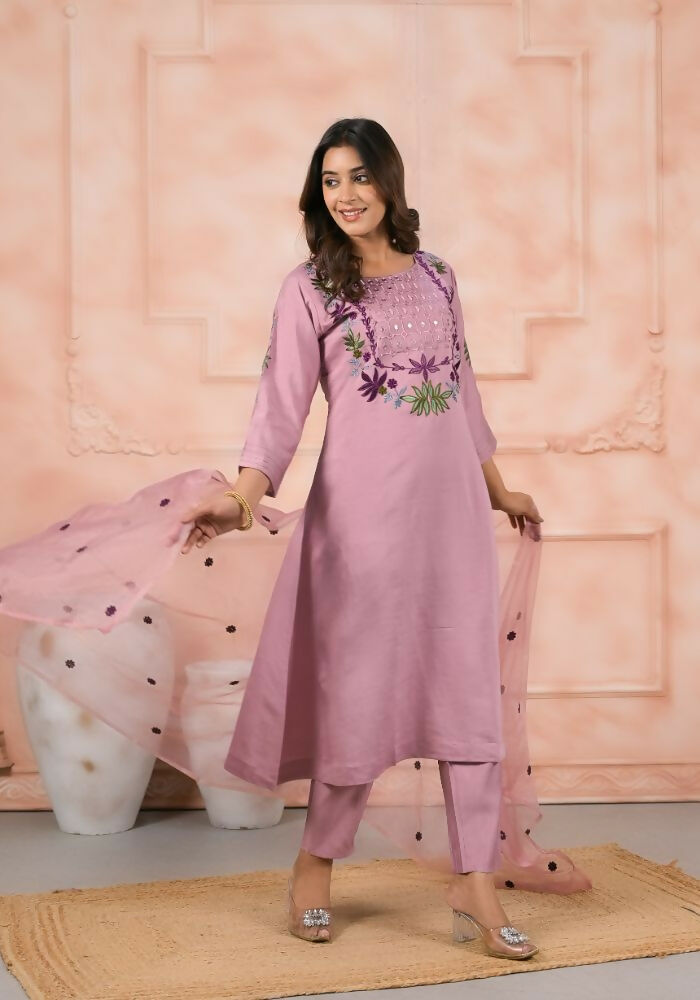 Ethnic Festive Wear Chanderi Slik Pink Stitched Suit With Dupatta - Anbazaar