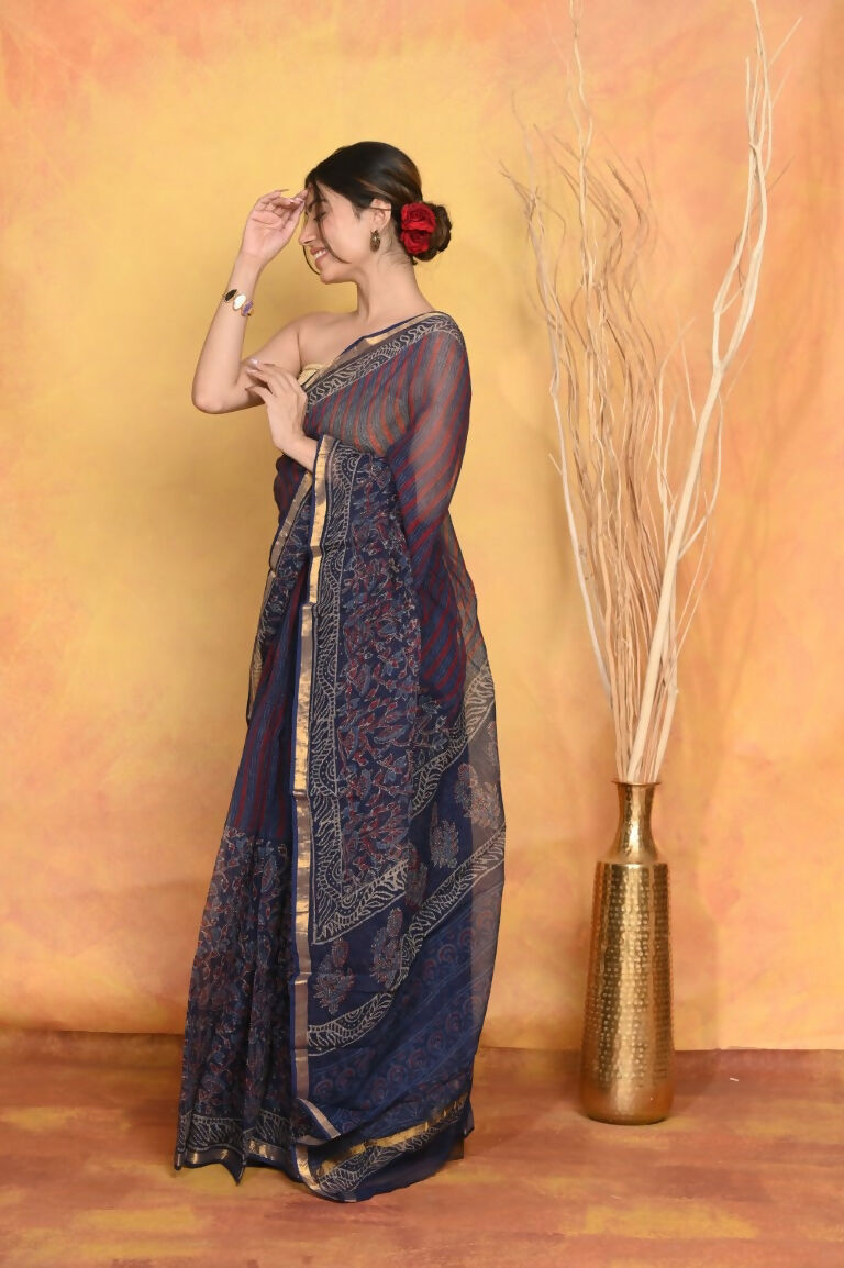 Very Much Indian Pure Kota Cotton Handblock Printed Saree - Dark Blue