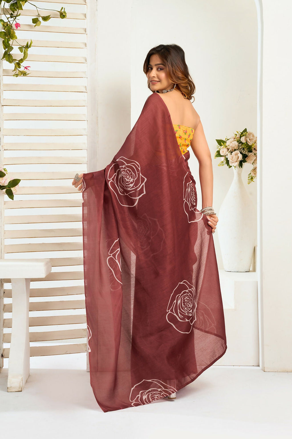 Vastranavya Dark Brown Digital Printed Linen Ready To Wear Designer Saree with Unstitched Blouse
