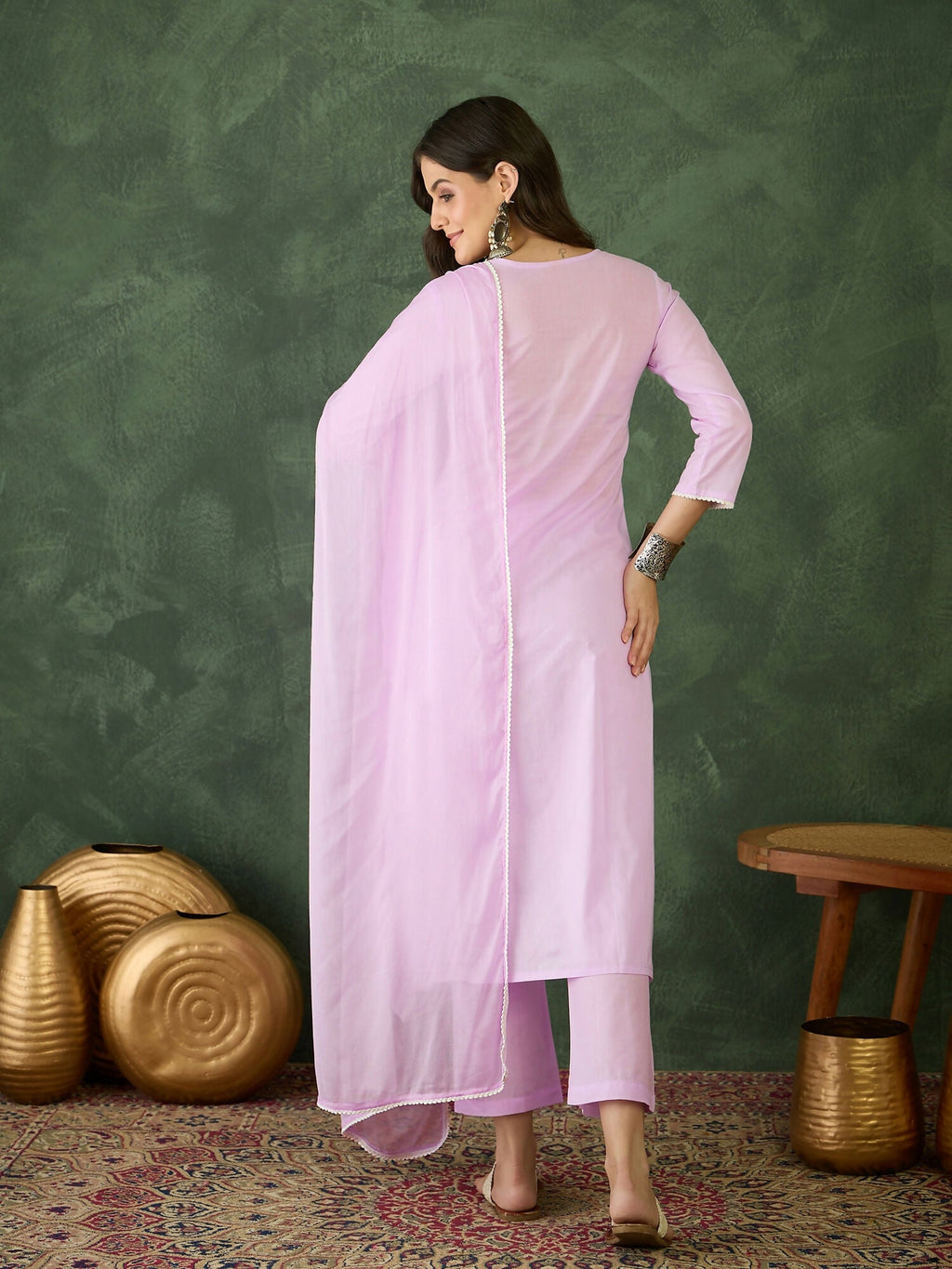 The52 Purple Women's Gorgeous Cotton Blend Fabric Thread Work Straight Kurta, Pant and Dupatta Set