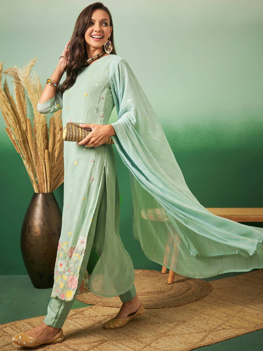 Aqua Blue Georgette Handwork Unstitched Dress Material - Hanika