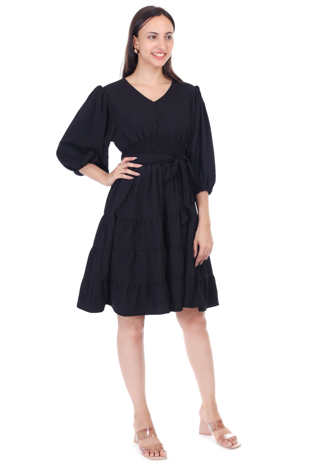 Jaitra Apparels Black Rayon Crepe Midi Dress