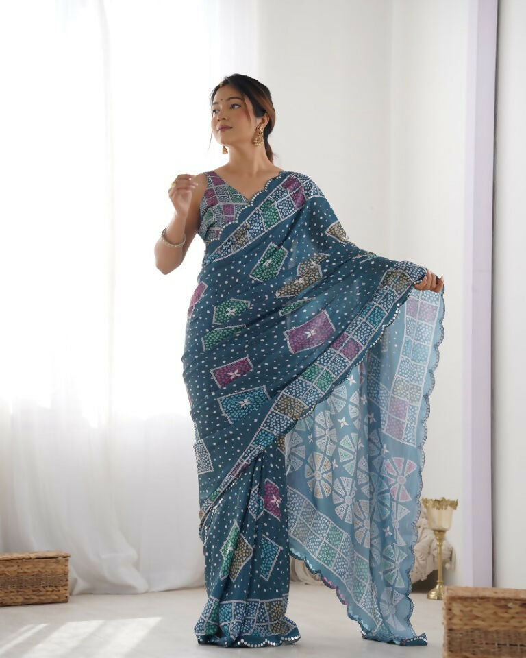Green Chinon Designer Digital Printed & Mirror Cut Work Saree - Kriti