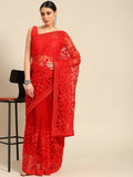 Red Woven Design Net Saree with Blouse Piece - Kalamkari
