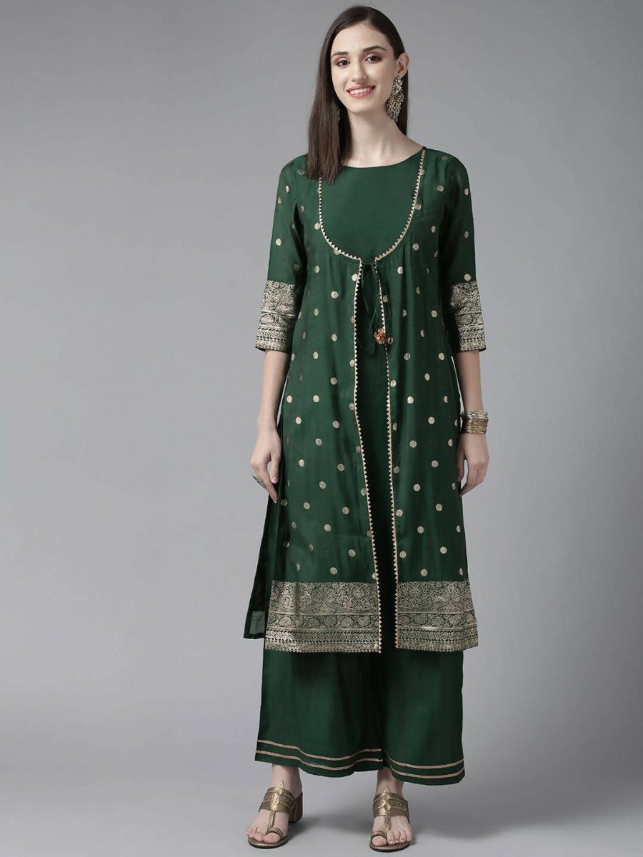 Ahalyaa Womens Dark Green Chanderi Gold Foil Printed Kurta Palazzo Set