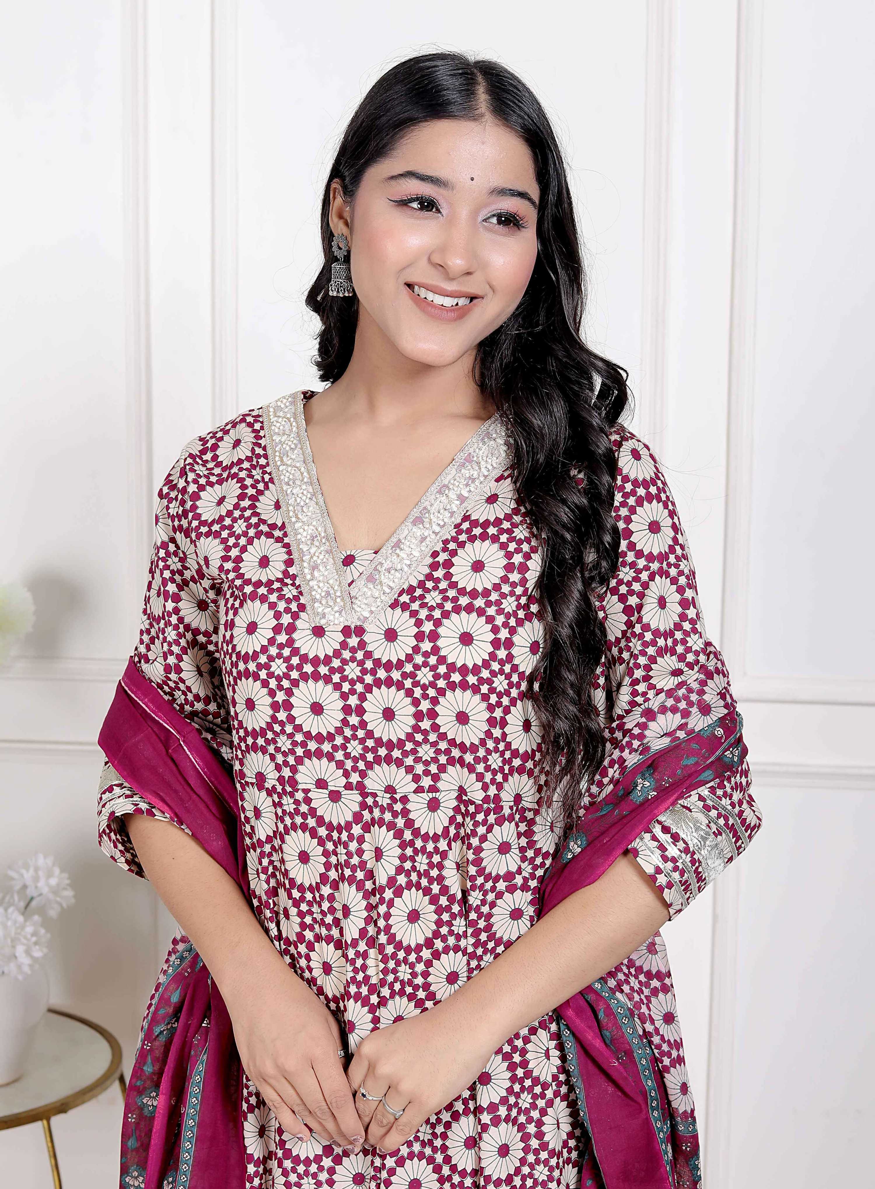 Miravan Women's Cream Embroidered Cotton Anarkali Kurta and Dupatta