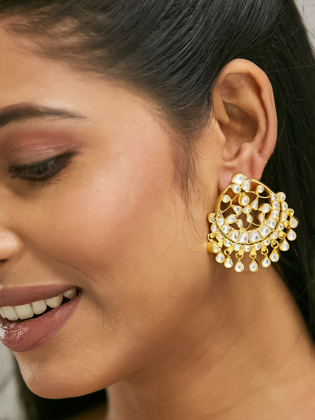 Nuyug 22K Gold-Plated Kundan Stone Studded & Pearl Beaded Moon Chandbalis