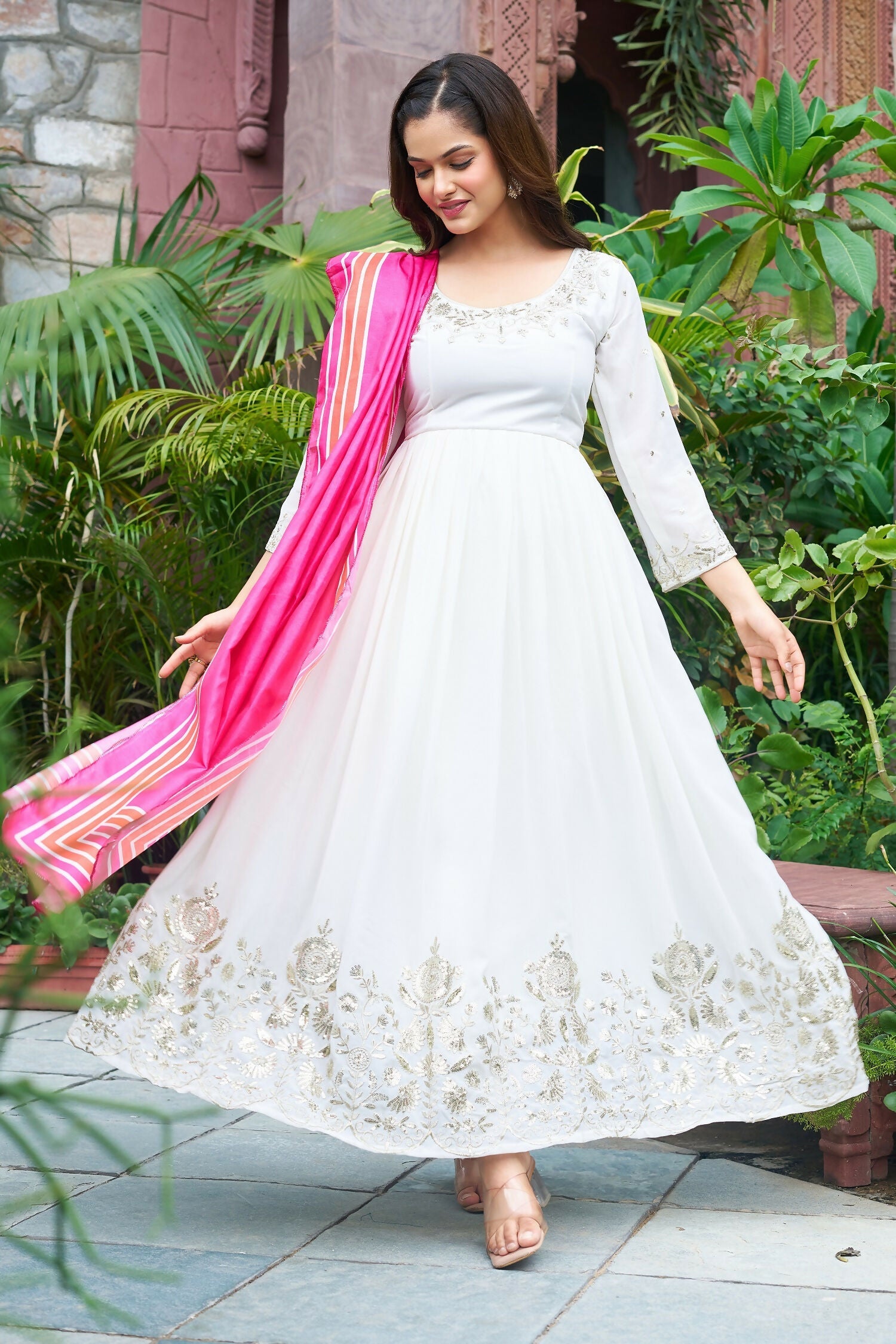 Teeya Creation Off White Color Faux Georgette Embroidery Work Long Gown