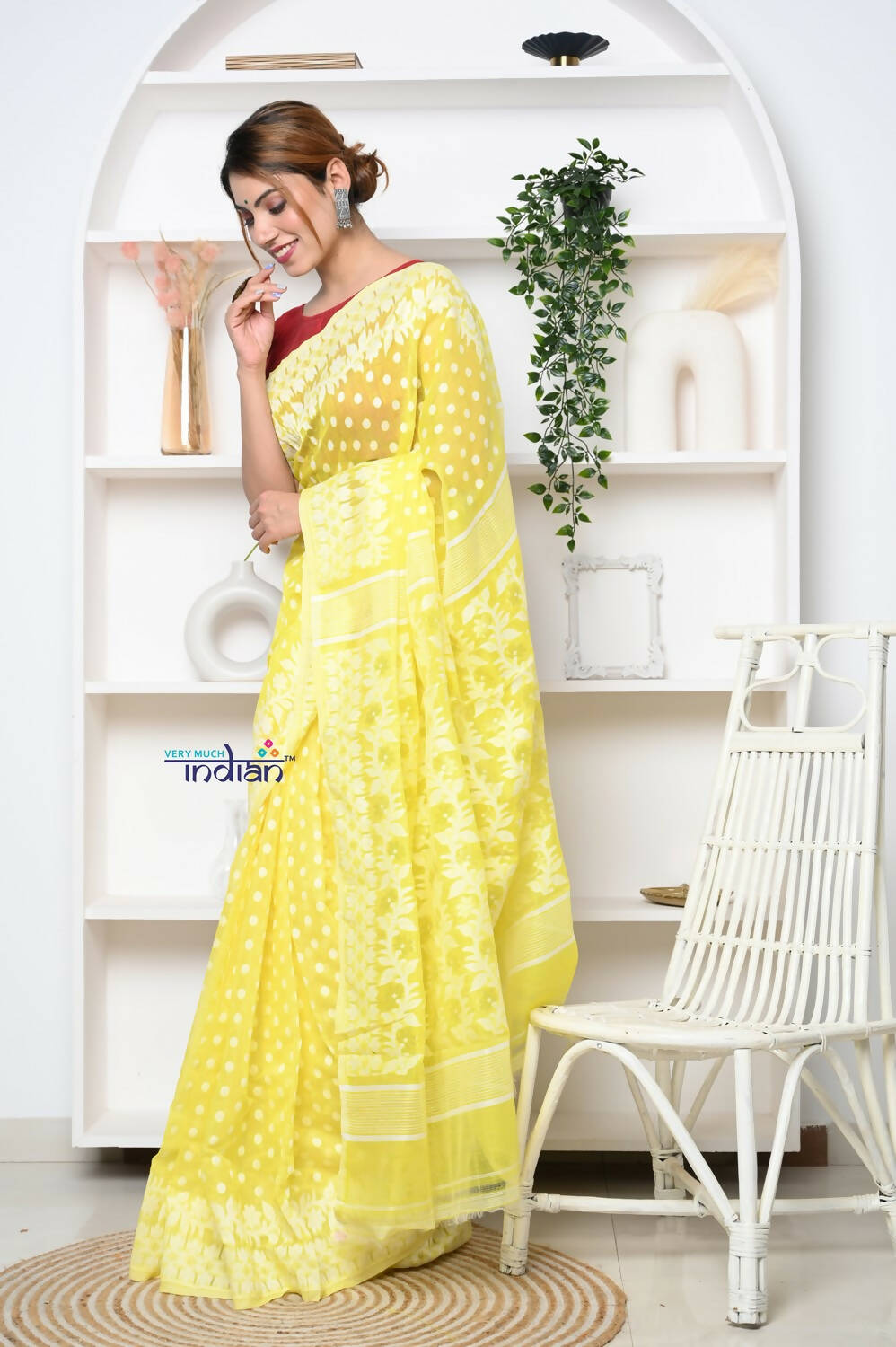 Very Much Indian Jamdhani Cotton Saree With Polka Dot Pallu - Lime Yellow