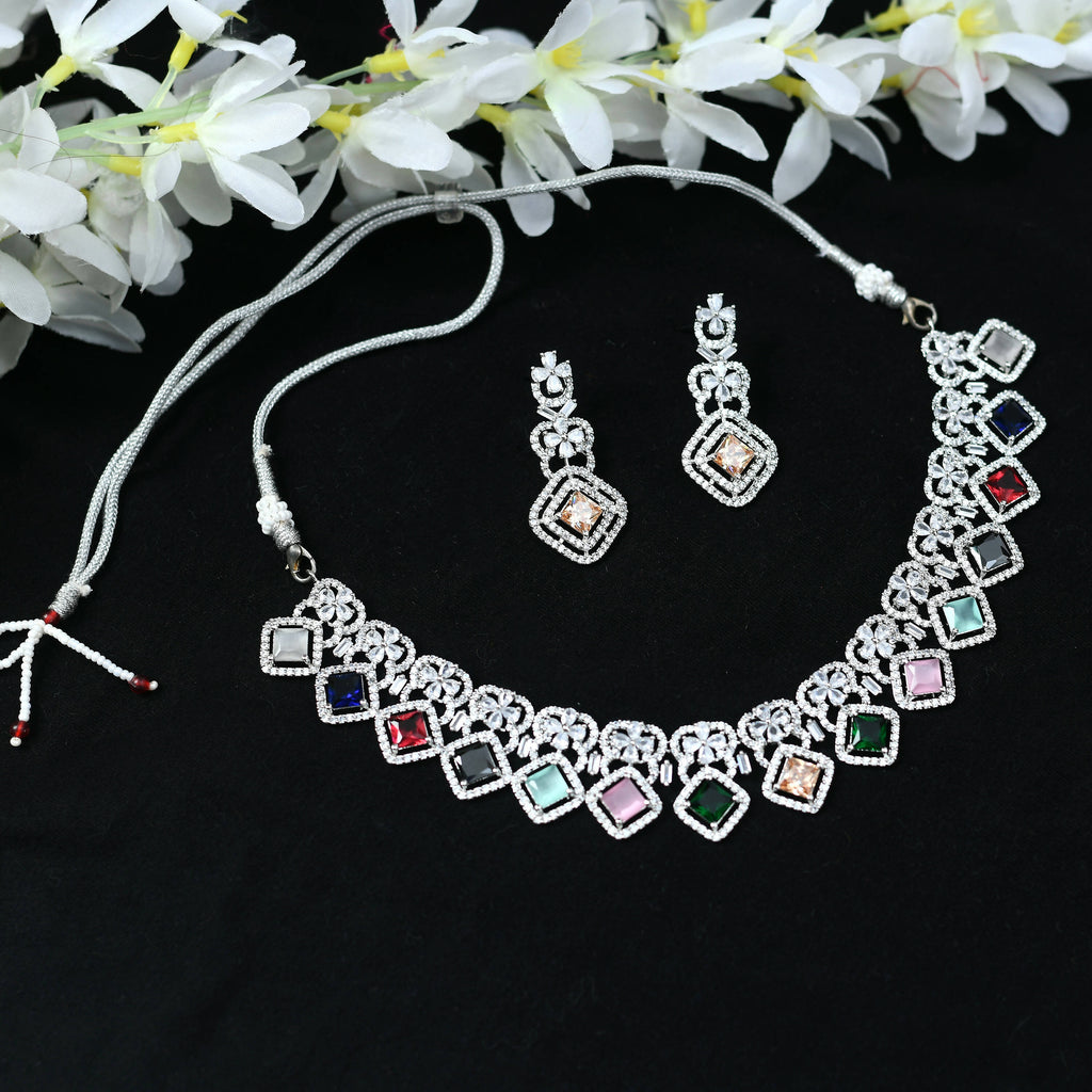 Mominos Fashion Johar Kamal Women Silver-Plated American Diamond Multi Colour Choker Set