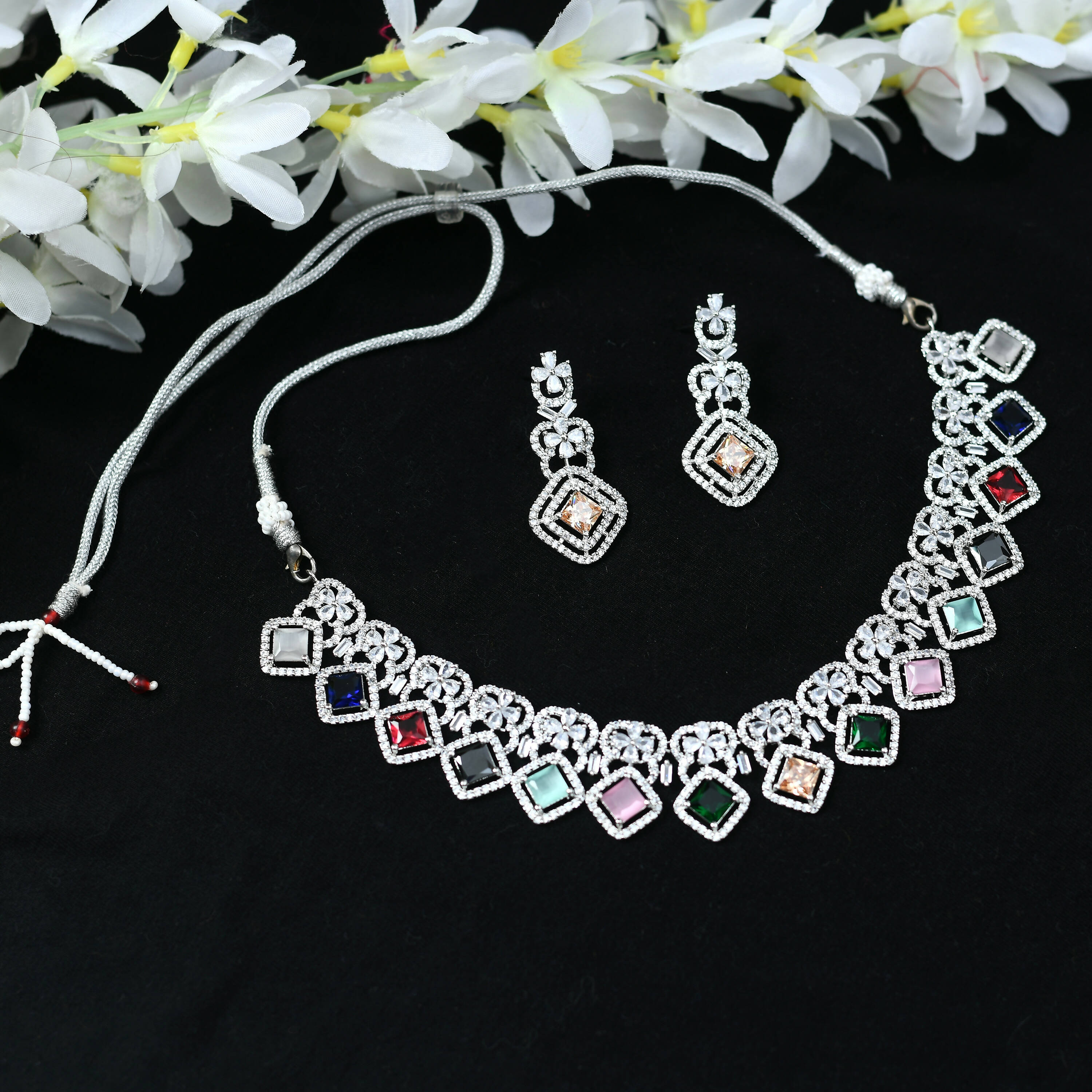 Mominos Fashion Johar Kamal Women Silver-Plated American Diamond Multi Colour Choker Set