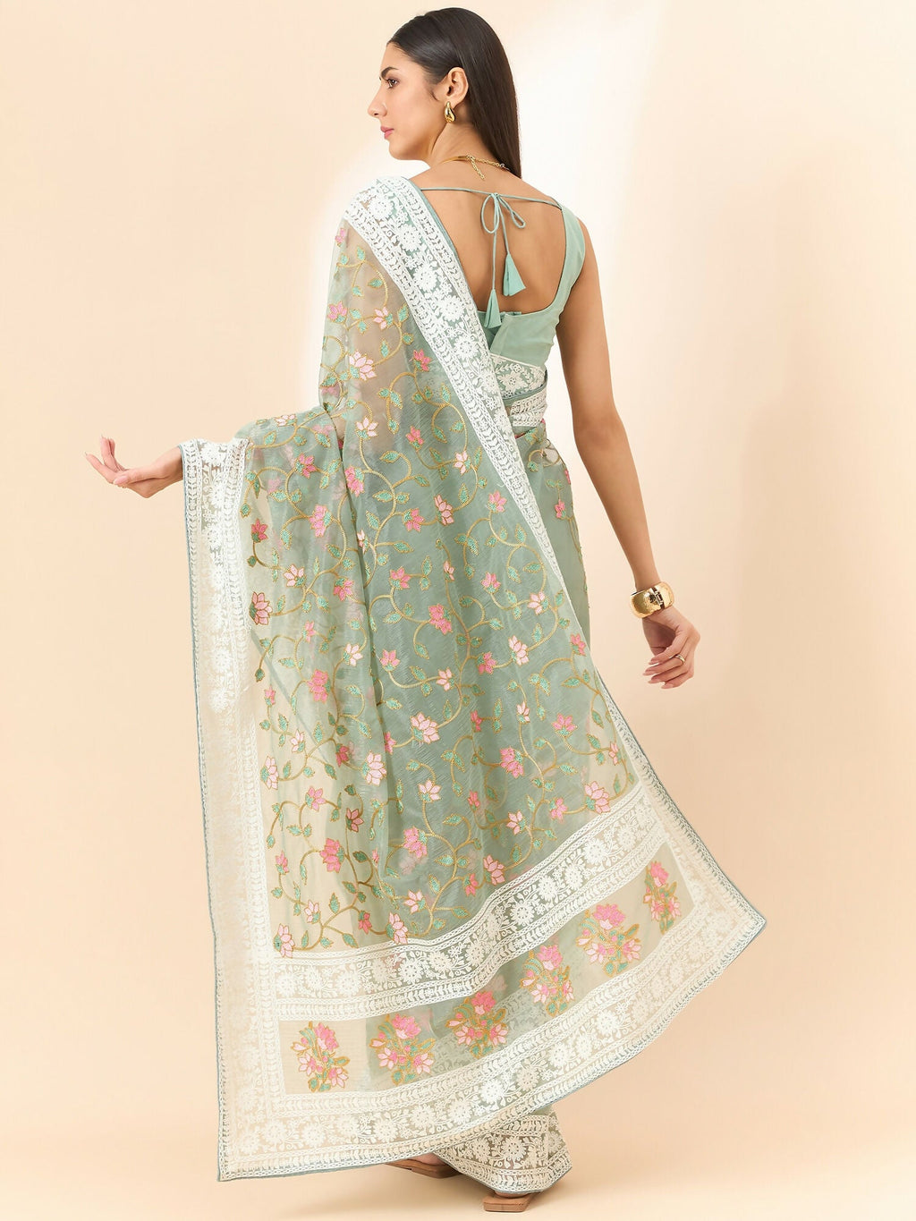 Green Organza Floral Embroidered Saree with Unstitched Blouse Piece - Roozal