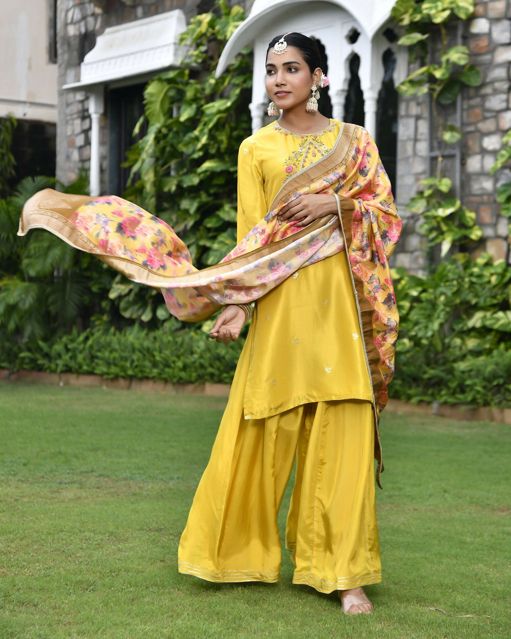 Vaasva Women's Silk Mustard Emboidered Solid Kurta, Sharara & Dupatta Set