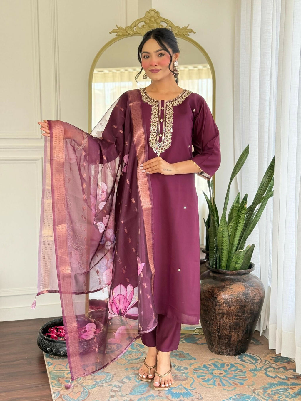 The52 Wine Women's Gorgeous Rayon Fabric Embroidered Work Straight Kurta Pant and Dupatta Set