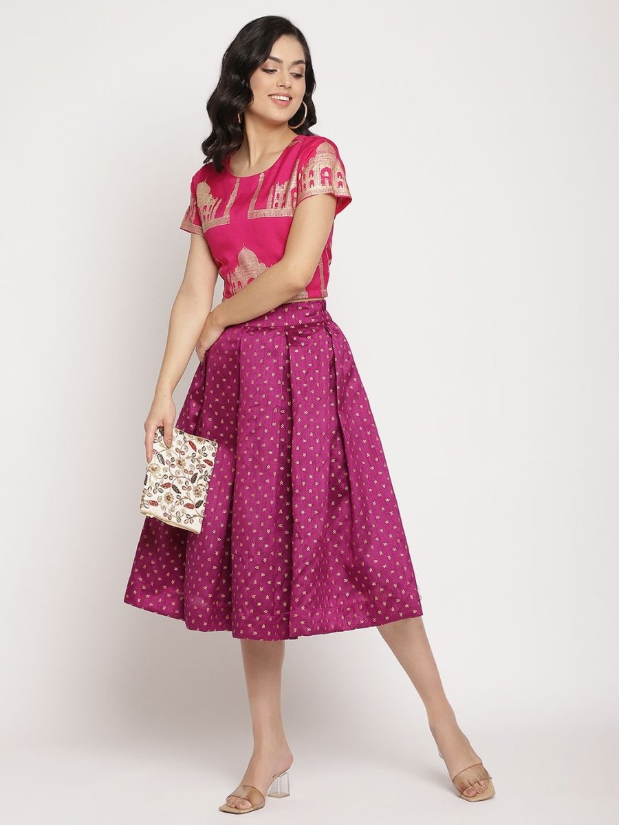 Ahalyaa Women's Pink Poly Silk Gold Foil Print Top with Skirt