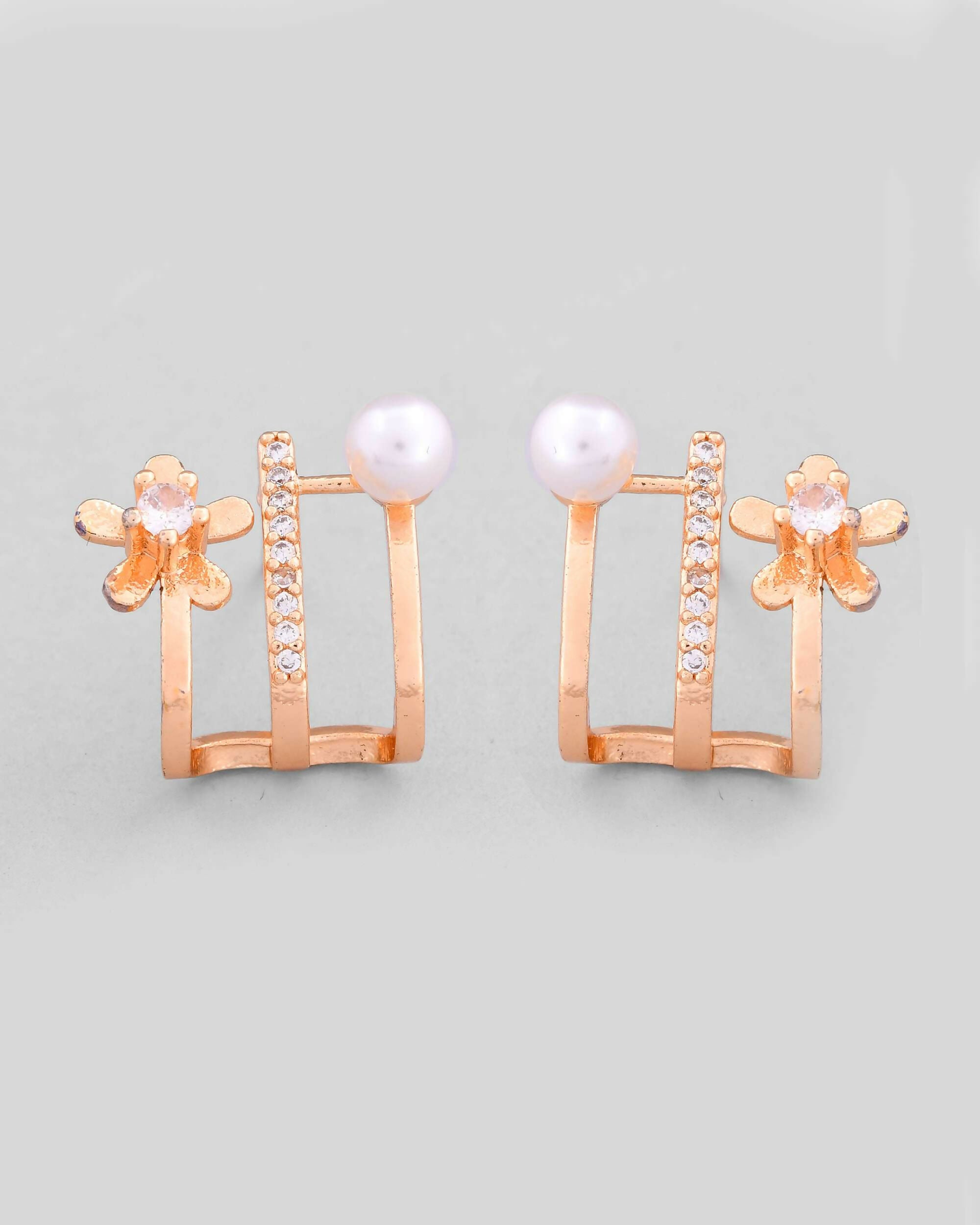 VOJ Gold-Polished Crystal Studded Stud Earrings