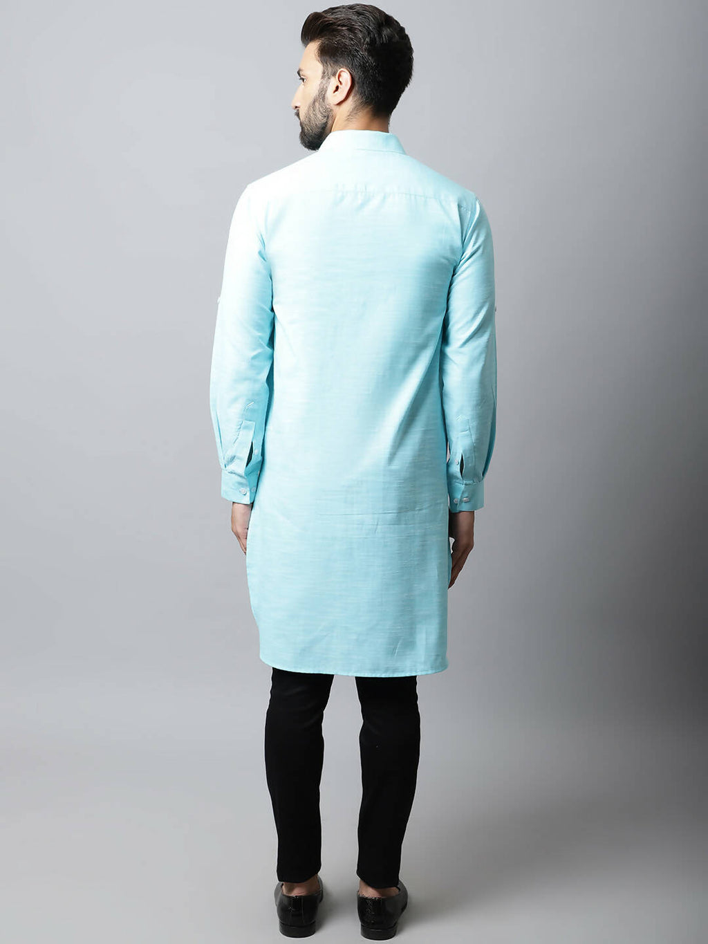 Even Apparels Blue Color Pure Cotton Solid Men's Kurta With Shirt Collar (SLD1132)