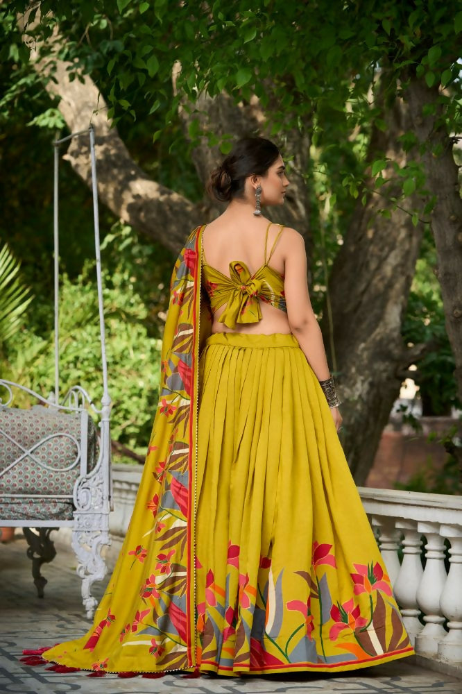 Vastranavya Polyester Viscose Chanderi Lehenga Choli With Intricate Print And Dupatta - Mustard