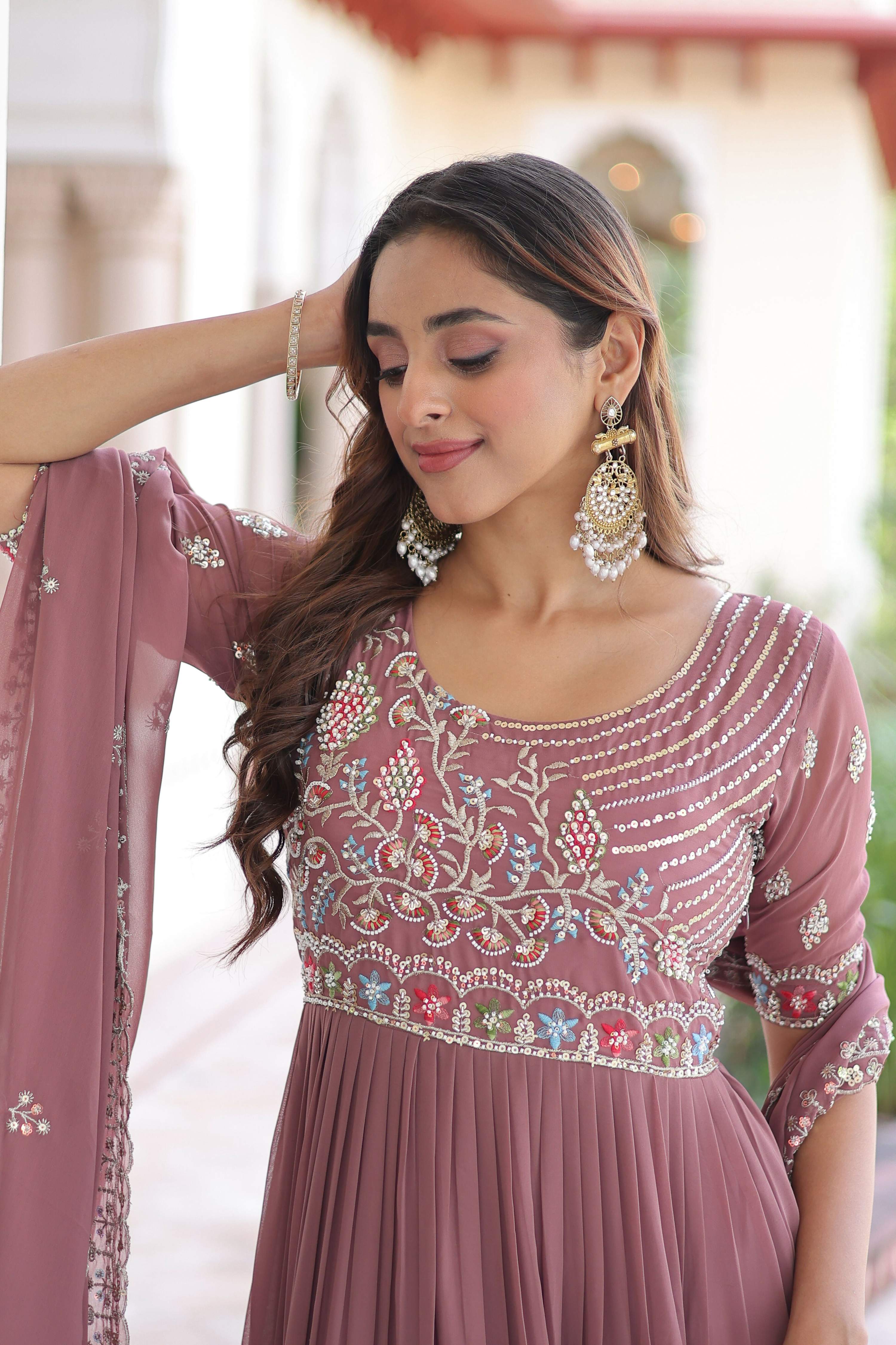 Joban Fashion Peach Readymade Kurta Set With Sequence embroidery Work