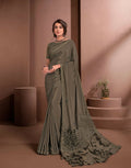 Brown Colored Crepe Embroidered Saree With Unstitched Blouse - Norita Raissa