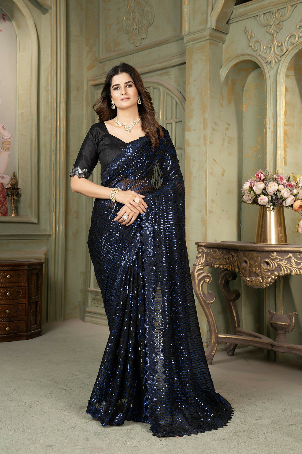 Dishitha Creation Indian Women's Designer Georgette Sequence Saree - Blue